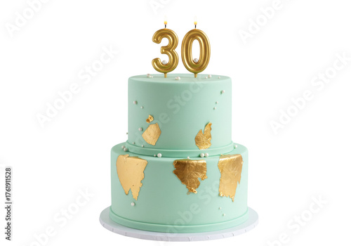 Foto Two-tiered mint green birthday cake with gold leaf and number 30 candles isolate