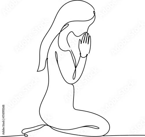 Serene woman praying with gratitude seeking guidance and expressing her faith in a minimalist drawing