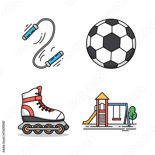 A set of four colorful cartoon icons representing children's sports and playground activities.