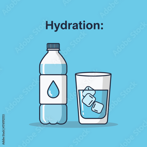 A clear plastic bottle of water and a glass filled with ice and water, illustrating hydration.
