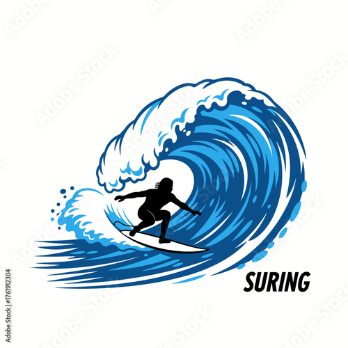 Silhouette of a surfer riding a large ocean wave, with the word "SURFING" below.