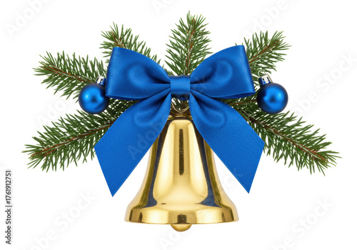 Golden Christmas bell with blue bow and ornaments isolated PNG, festive holiday decoration on transparent background for graphic design and cards