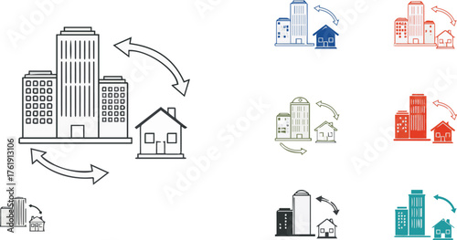 Real estate and property transfer illustration with buildings and arrows, concept