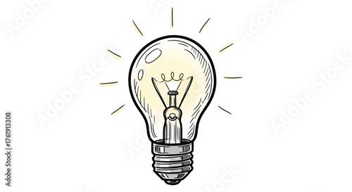 Hand-drawn glowing light bulb illustration, bright idea concept.