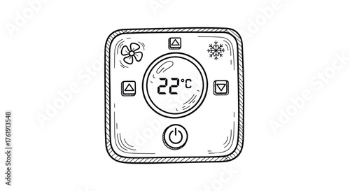 Hand-drawn sketch of air conditioner remote control with 22C display.