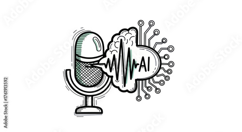 Sketch style illustration of an AI brain with a soundwave processing audio from a vintage microphone.