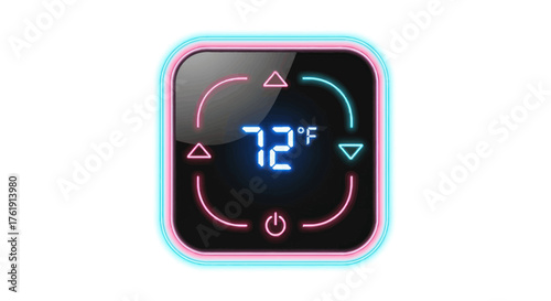 Modern digital smart thermostat with a glowing blue display showing 72 degrees Fahrenheit.