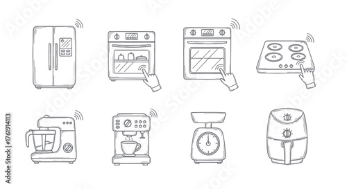 Collection of Hand-Drawn Smart Kitchen Appliances with Wi-Fi Symbols.