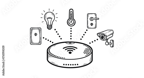 Hand-drawn sketch illustration of a smart home hub controlling various IoT devices like lights and security.