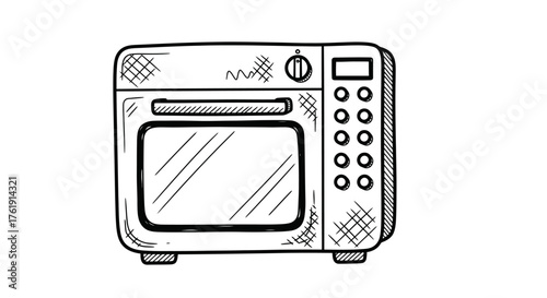 Hand-drawn illustration of a compact countertop oven with a glass door and control panel.