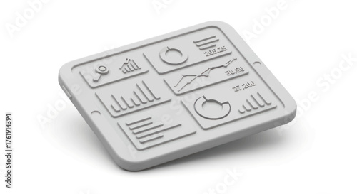White 3D Rendered Tablet Displaying Business Analytics and Charts.