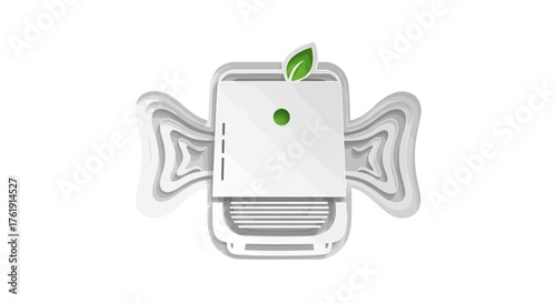 Stylized white eco-friendly refrigerator icon shaped like a wrapped candy with a green leaf.