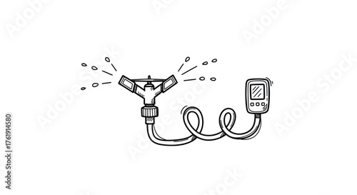 Hand Drawn Garden Sprinkler System with Digital Timer and Water Spray.