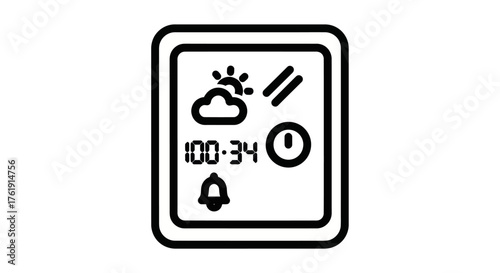 Smartwatch screen line icon with digital display, weather forecast, timer, and alarm bell.