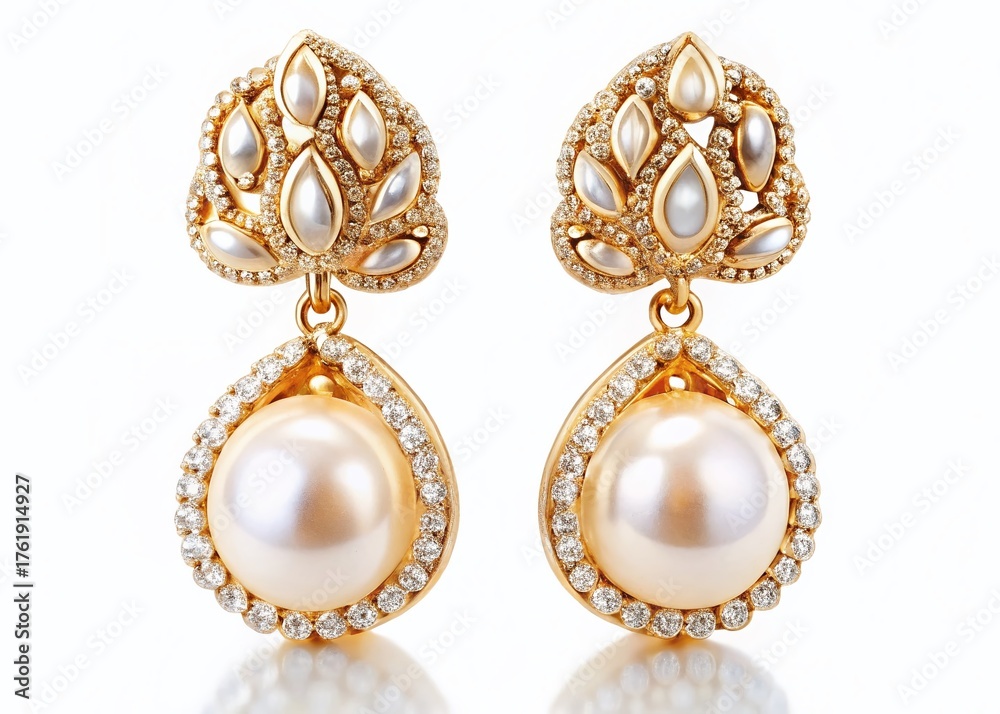 Fototapeta premium Luxurious Gold Diamond Pearl Earrings - Isolated Jewelry Stock Photo