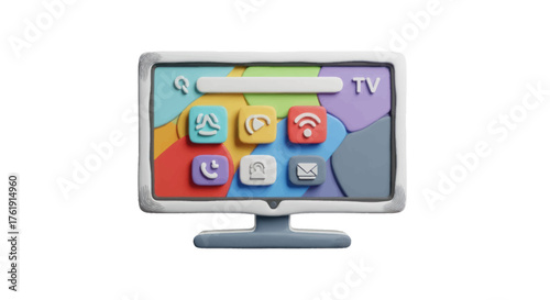 A handmade claymation smart television displaying a colorful user interface with various application icons.