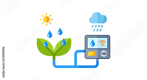 Smart Irrigation System Illustration with Plant, Sun, Rain, and Digital Controller.