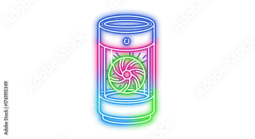 Neon-lit Air Purifier with Visible Fan, Modern Design.