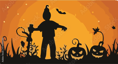 Silhouette of a Scarecrow and Jack-o-lanterns on Halloween Night Keywords: Halloween, scarecrow
