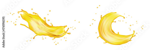 Realistic splash of oily substance with drops and droplets. Vector isolated splatters of amber water, olive or sunflower oil, juice or honey, soda or beer. Mockup for food advertisement