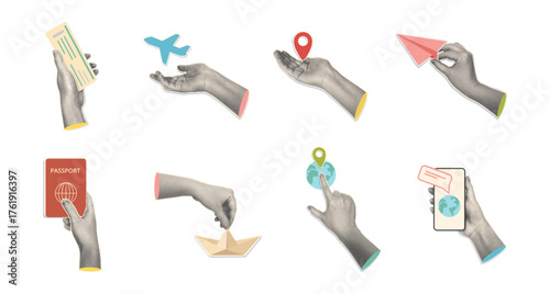 Traveling agency banners or design. Vector style, isolated set of halftone collage hands holding tickets or boarding passes, paper plane and passport document. Mobile app for travelers and ma