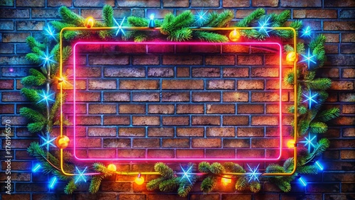Macro Christmas Quiz Neon Frame on Brick Wall - New Year Celebration Stock Photo