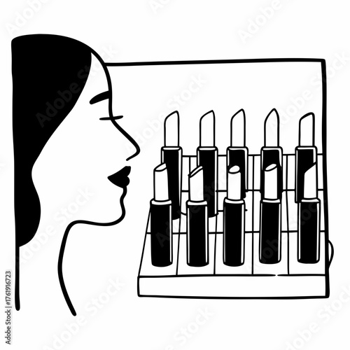 Woman contemplating lipstick options in minimalistic illustration  