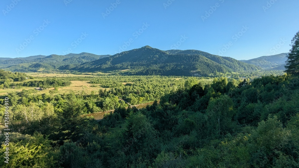 Fototapeta premium Summer, mountain, Carpathians, sun, village