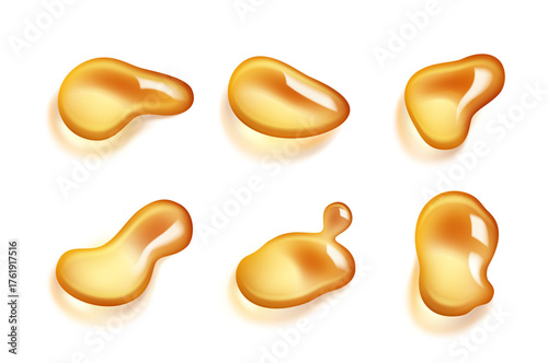 Sticky oil or sweet caramel drops, isolated melted or fresh honey bee. Vector realistic golden nectar design, juice splashes and flowing liquid. Organic substance or jelly fluid. Shiny amber dews