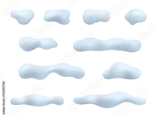 Winter weather, snowy piles with frozen icy design. Vector realistic icons set, snow caps and balls, xmas and Christmas peak or summit decoration, wintertime and seasonal blizzard. Snowcaps