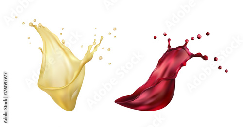 Red and white wine tasting, degustation or advertisement of fine alcoholic drink. Vector in realistic style, splashes and drops. Texture of liquid, liquor or craft blend of unique beverage