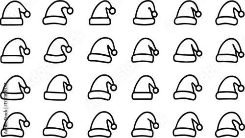 A collection of twenty four outlined santa hats arranged in a grid pattern isolated on white background, perfect for holiday themed designs and crafts