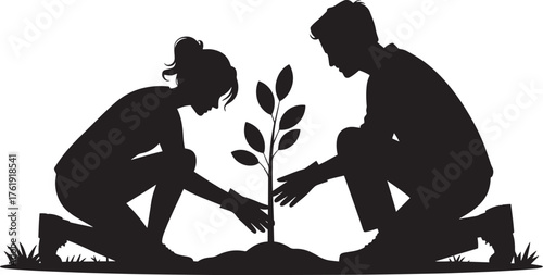 Arbor Day Young Couple Planting Tree Eco Concept Earth Day Reforestation Effort