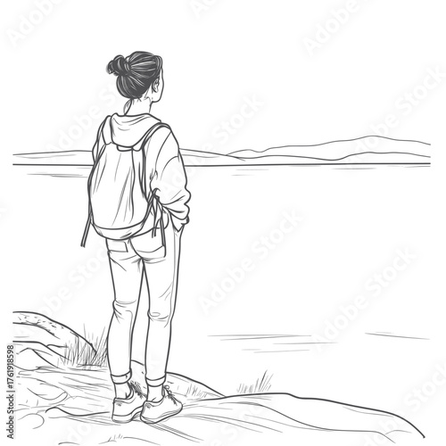 cute doodle vector illustration of casual wear by the lakeshore at sunrise