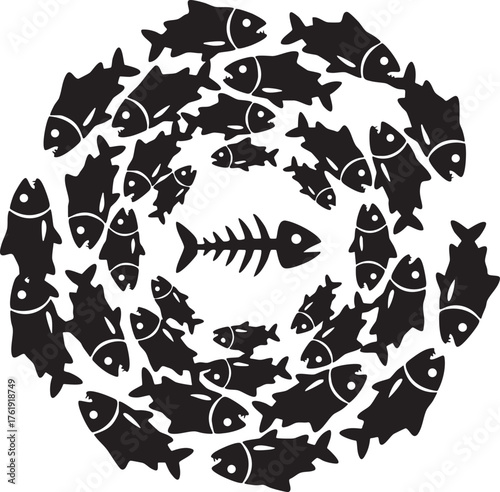 Black vector silhouette of a large school of fish swimming in a tight circular formation around a central fish skeleton, representing concepts like survival, predation, or the cycle of life in marine 