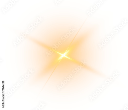 Gold glow star with light glowing effect and transparent sun rays overlay background
