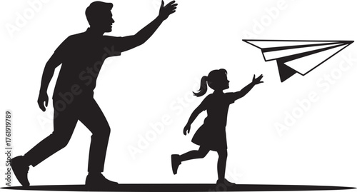 Father and Daughter Playing with Paper Airplane Silhouette Vector Illustration Design