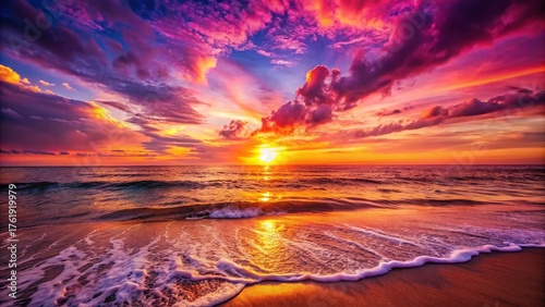 Magenta Sunset Sky over Ocean Waves at Summer Beach - Copy Space