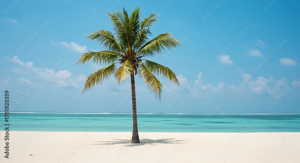 Fototapeta premium Tropical Paradise Beach with Lone Palm Tree and Turquoise Ocean.