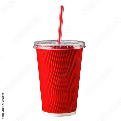 Red paper cup with drinking straw on transparent background