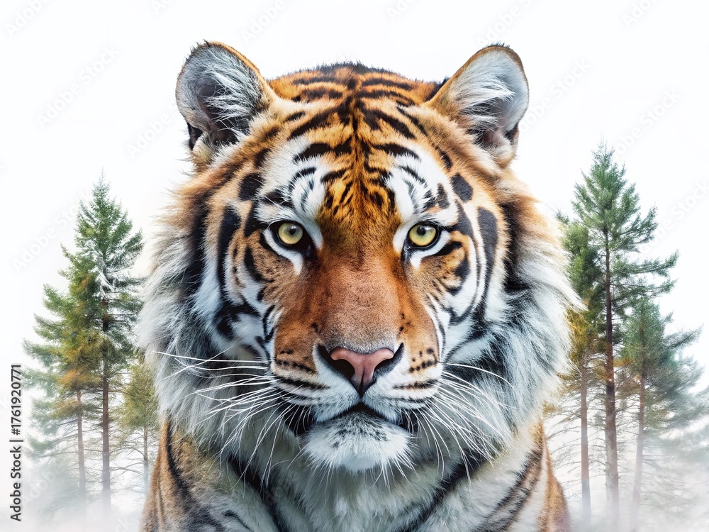 Naklejka premium Majestic Amur Tiger Double Exposure: Wild Beauty on White Background