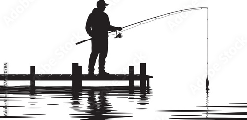 Fisherman Casting Silhouette at Serene Dockside Fishing Scene Early Morning Light