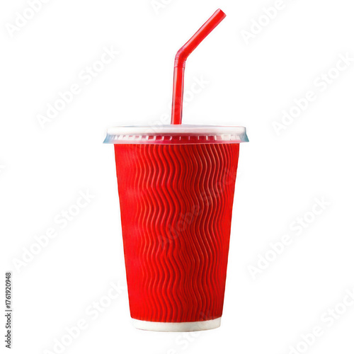 Red paper cup with drinking straw on transparent background