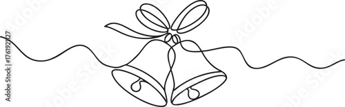 Continuous one line drawing of bells tied with ribbon symbolizing traditional holiday decoration and festive Christmas celebration in minimalist style