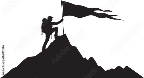 Mountaineer Silhouette Planting Flag on Mountain Top Achievement Success Challenge