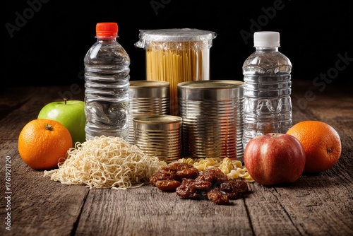 Assorted non-perishable food items and drinks on a wooden surface
