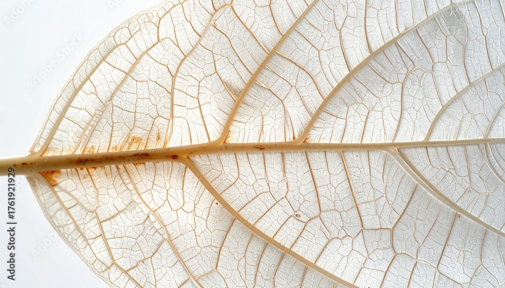 Obraz premium Close-up of a translucent dried leaf skeleton with intricate vein patterns on a white background, showcasing natural texture and delicate structure
