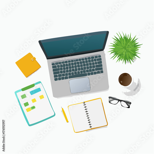 Produktives Home Office: Vektor-Illustration eines aufgeräumten Schreibtischs