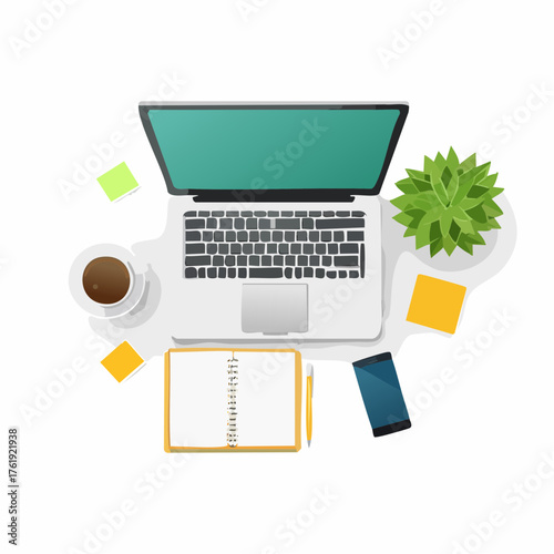 Produktives Home Office: Vektor-Illustration eines aufgeräumten Schreibtischs