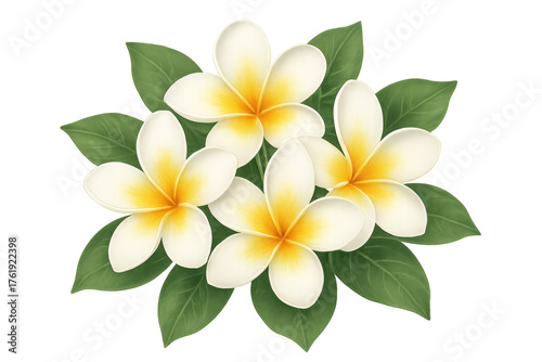 Plumeria flowers illustration with green leaves, creating a tropical botanical bouquet on a transparent background